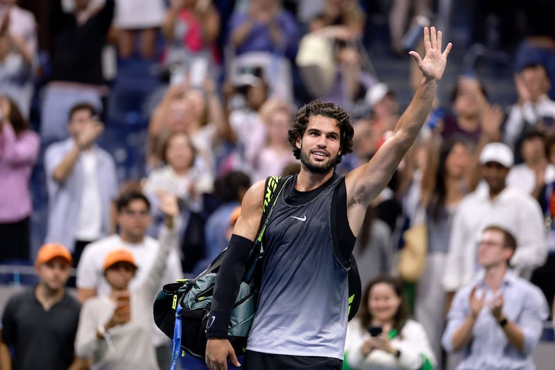 Carlos Alcaraz gestures after being defeated by Ben Shelton in US Open quarter-final. Photograph: Cristobal Herrera-Ulashkevich/EPA