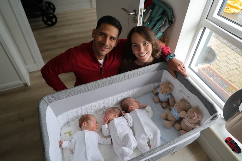 Claudio Perez and Clare Perez-Wildes with their triplets. Photograph: Bryan O’Brien / The Irish Times