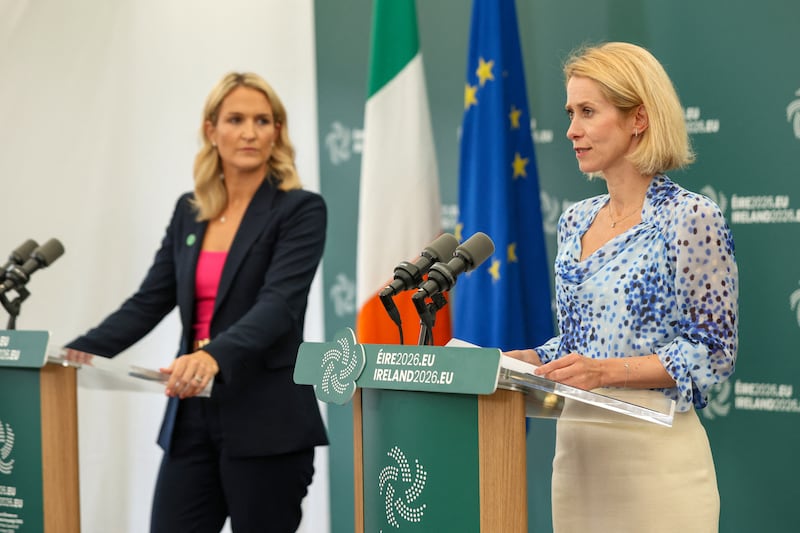 Minister for Foreign Affairs and Defence Helen McEntee and European Commission high representative and vice-president Kaja Kallas attend a joint press conference at an informal meeting of EU defence ministers at Druids Glen in Wicklow,  on September 1st. Photograph: Paul Faith/AFP/Getty