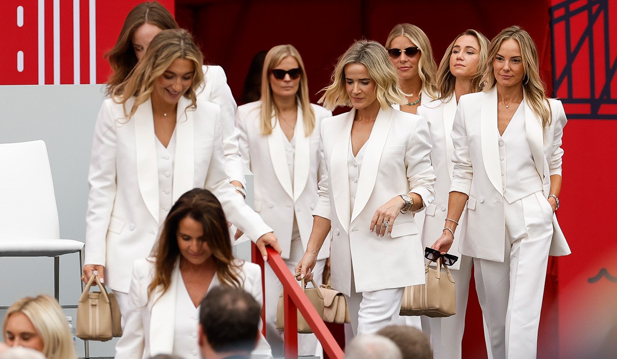 Wendy Honner, Wife of Shane Lowry of Team Europe walks on stage alongside fellow Wives and Partners during the opening ceremony for the 2025 Ryder Cup at Black Course at Bethpage State Park Golf Course on September 24, 2025 in Farmingdale, New York. (Photo by Harry How/Getty Images)