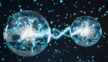 Futuristic 3D Animation of Two Glowing Quantum Spheres Connecting Through Dynamic Particles, Illustrating Quantum Entanglement.