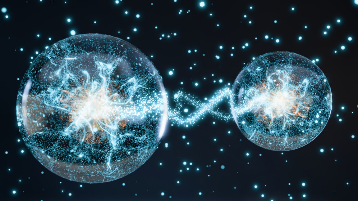 Futuristic 3D Animation of Two Glowing Quantum Spheres Connecting Through Dynamic Particles, Illustrating Quantum Entanglement.