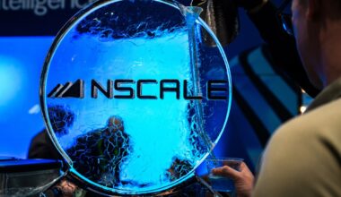 Nscale signage on the exhibition floor during the Nvidia GTC conference in San Jose, California.