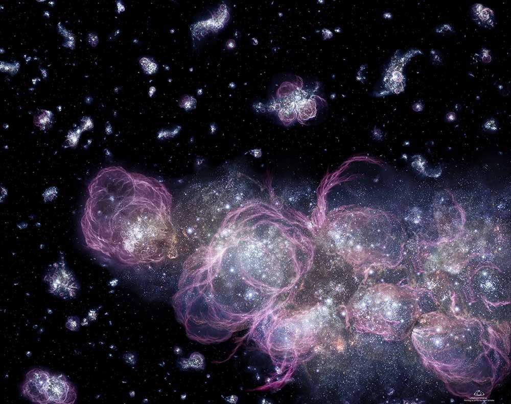 The earliest stars in the Universe began forming some 100 million years after the Big Bang. They lived fast, died young, and left behind material that got recycled into the next generations of stars. Along the way, these also influenced the evolution of their galaxies. CREDIT: NASA/STScI/A. Schaller.