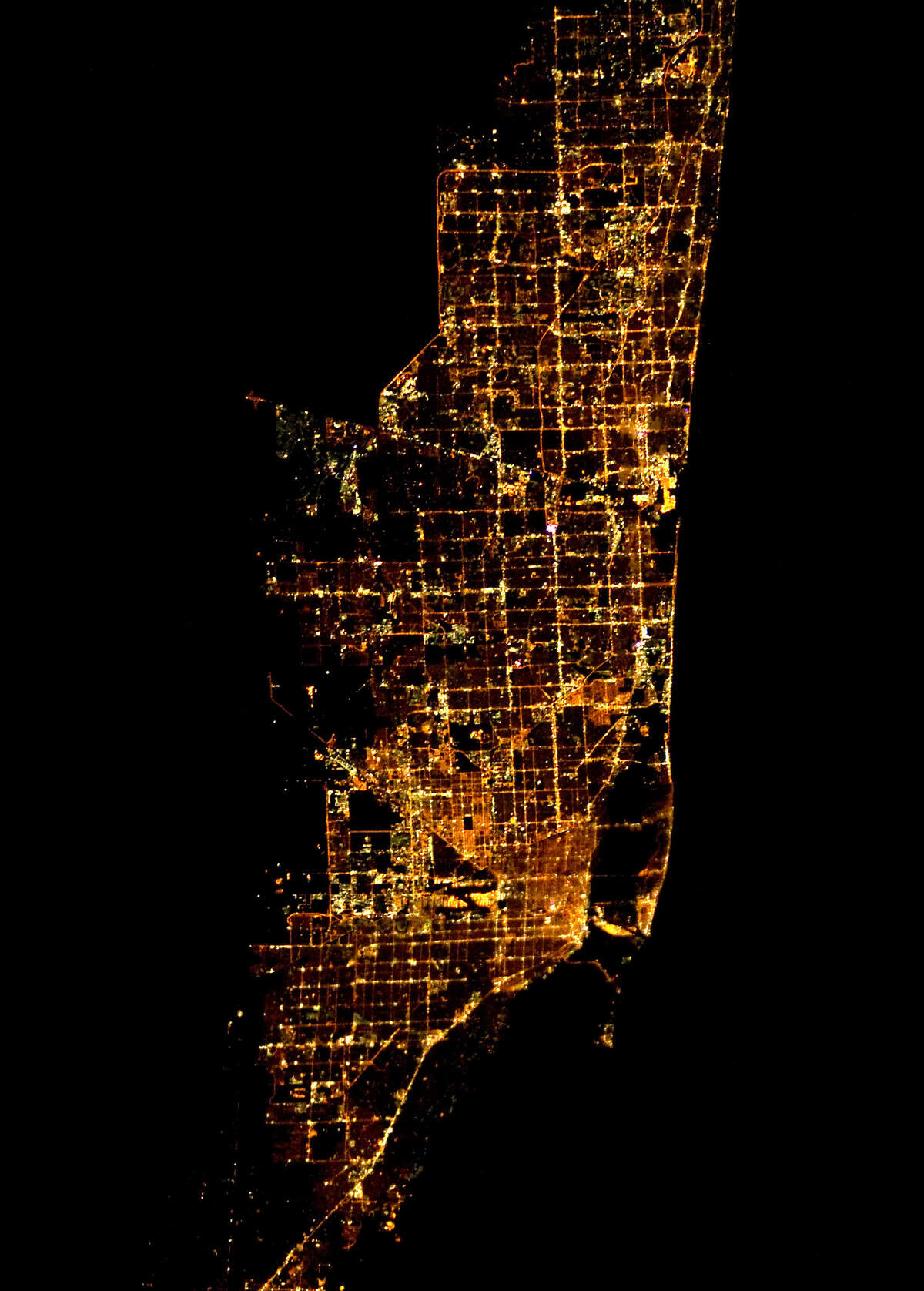 A photograph of Miami lit by sodium vapor in 2012 taken from the International Space Station.