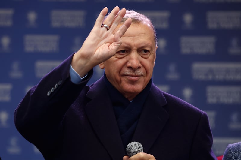 Turkish president, Recep Tayyip Erdoğan waves as he holds a rally ahead of the Presidential elections in the Sultangazi area of Istanbul on May 12th, 2023 in Istanbul, Turkey. Photograph: Jeff J Mitchell/Getty Images