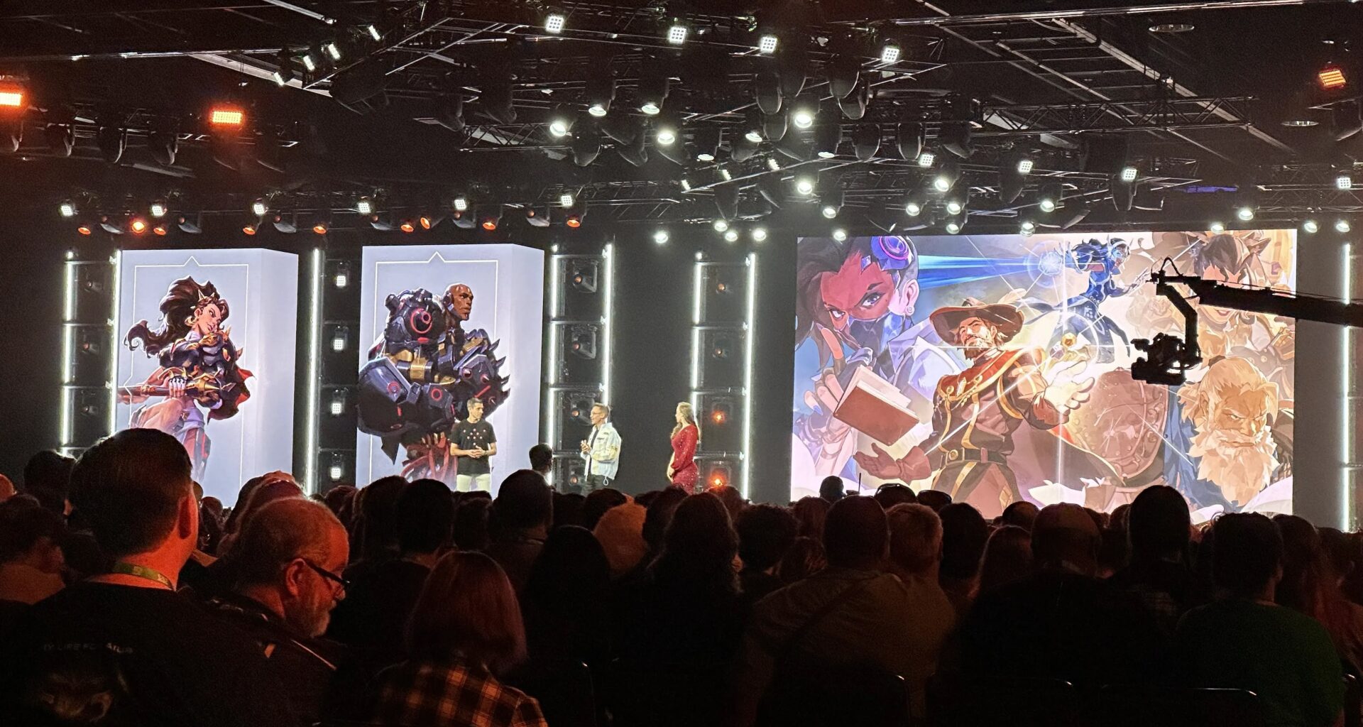 Aaron Keller and Miranda Moyer on stage during the BlizzCon opening ceremony.