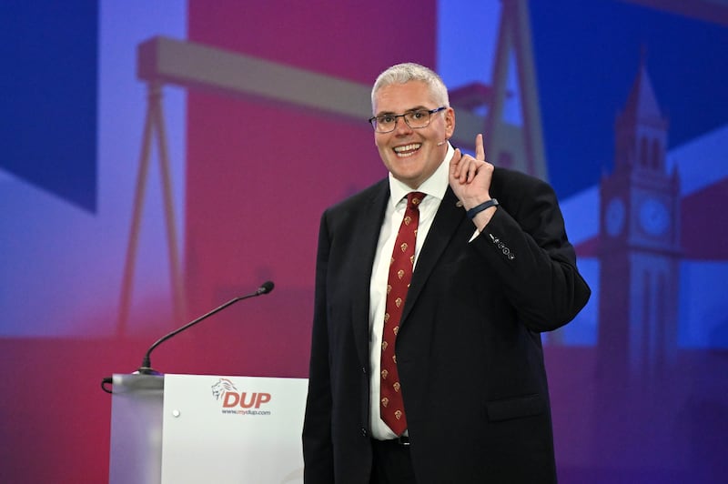 In a 40-minute address at La Mon Hotel Hotel in Belfast, DUP leader Gavin Robinson criticised Sinn Féin, mentioned Donald Trump and called for unionism to work together. Photograph: Charles McQuillan/Getty Images)
