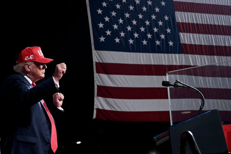 US president Donald Trump dances after speaking at a rally at Gastonia Municipal Airport in Gastonia, North Carolina. Photograph: Brendan Smialowski/AFP via Getty Images