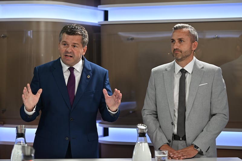 Sven Schulze, premier of Saxony-Anhalt and member of the Christian Democratic Union, taking part in a TV debate with Ulrich Siegmund. Photograph: Hendrik Schmidt/Pool/Getty Images
