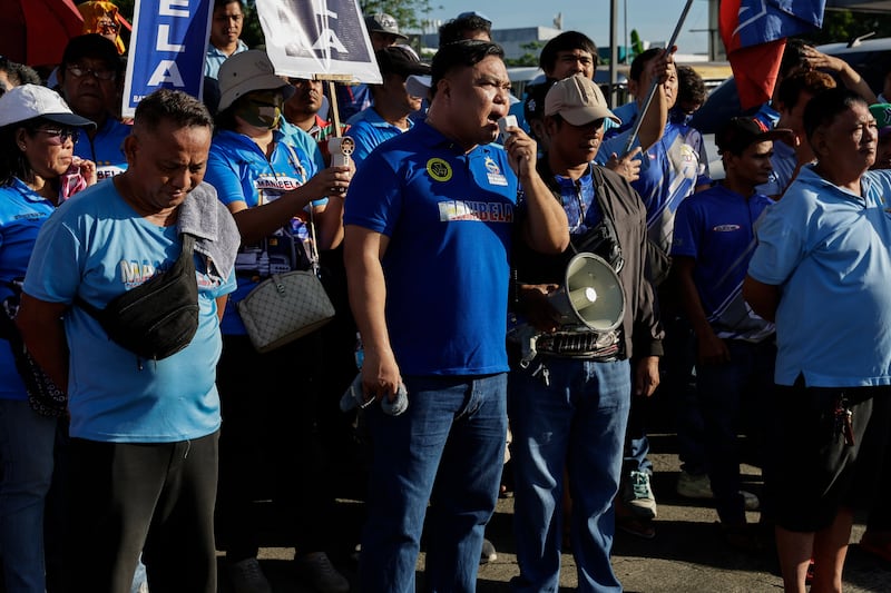 Members of a public transport group hold a protest over rising fuel prices in Quezon City, Philippines. Photograph: EPA
