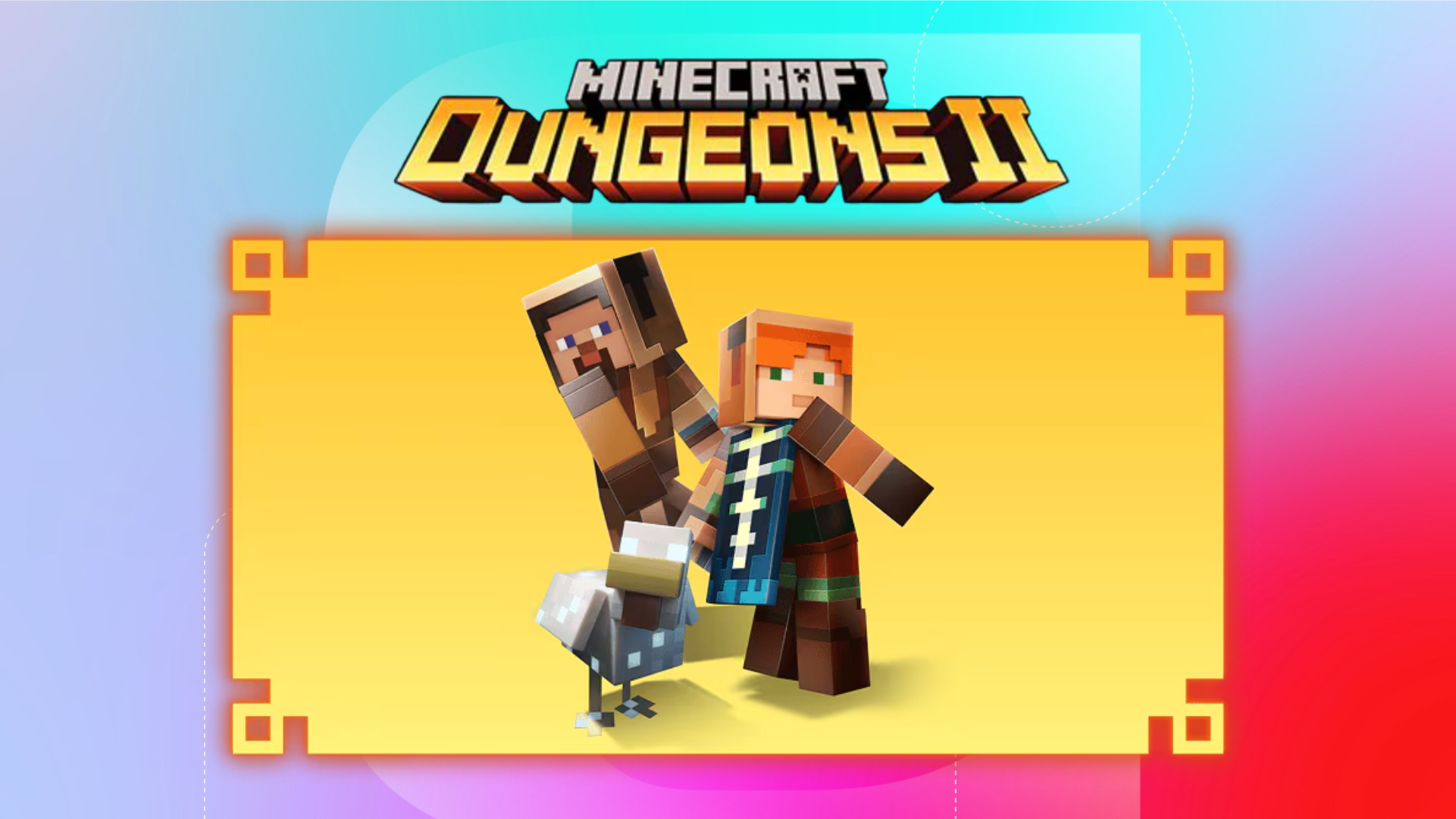The logo for Minecraft Dungeons 2 and an image showing preorder bonuses of skins, capes and pets is shown on a blue and red background.