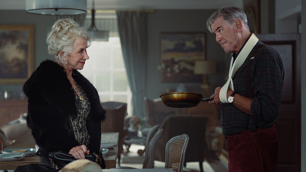 L-R Helen Mirren as Maeve Harrigan and Pierce Brosnan as Conrad Harrigan in MobLand, season 2