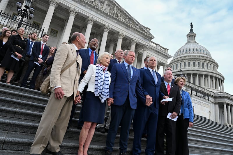 Former members of Congress and other invitees sing God Bless America during a Former Members of Congress 9/11 Memorial Service on Capitol Hill on September 11th, 2026 in Washington, DC. Photograph: Roberto Schmidt/Getty Images