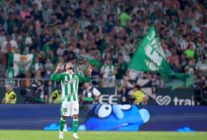 Troy Parrott reacts to scoring for Real Betis against Real Madrid. Photograph: Fran Santiago/Getty Images