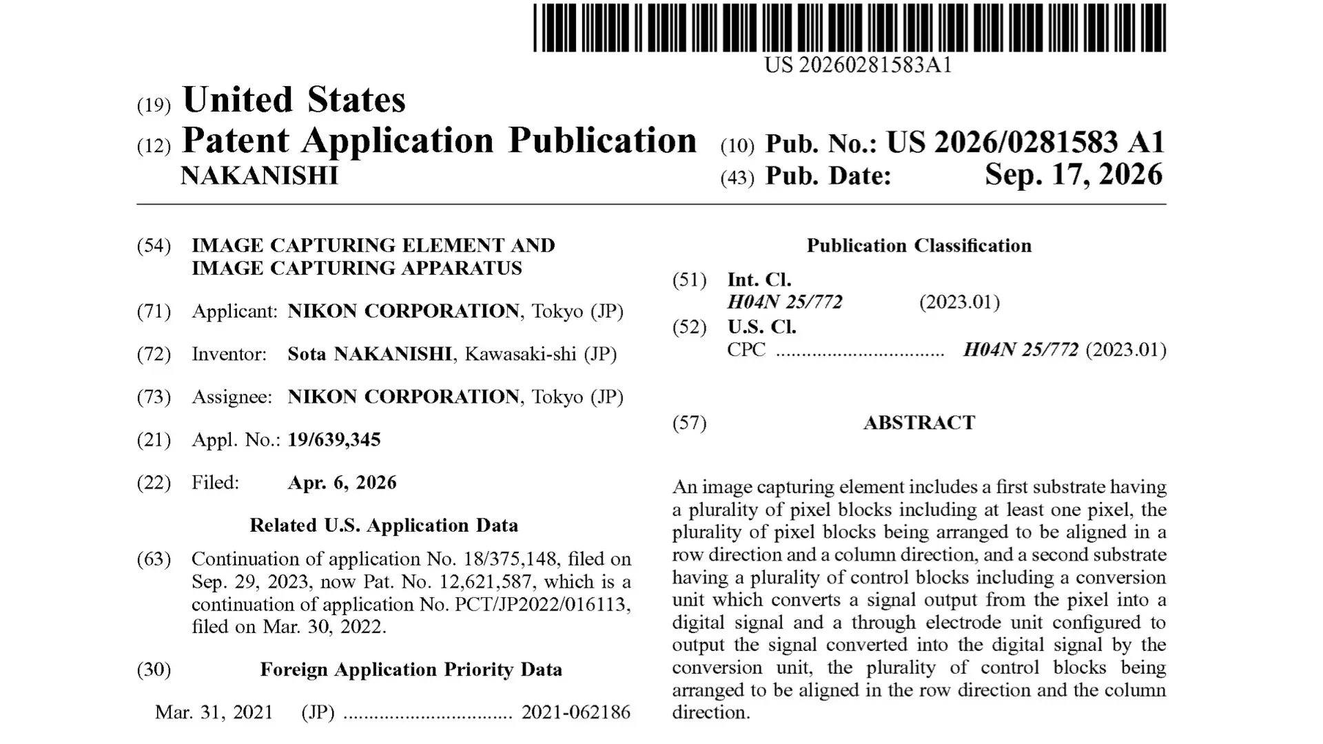 Nikon's patent: IMAGE CAPTURING ELEMENT AND IMAGE CAPTURING APPARATUS