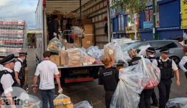Officers from City of London and Met Policem, HMRC, and Ealing Trading Standards loading seized counterfeit goods onto a lorry