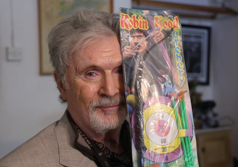 Patrick Bergin with toy bow and arrow, merchandise from the film Robin Hood. Photograph: Bryan O’Brien