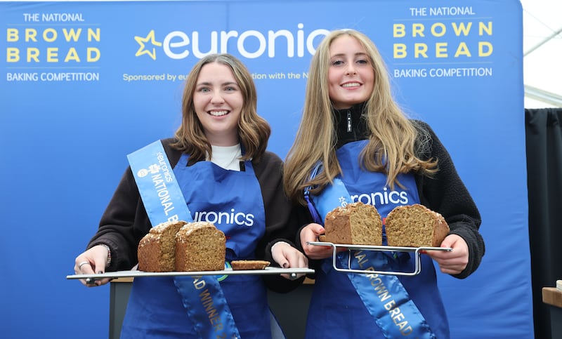 Olivia Nash and Cara Wall from Dublin, winners of the Senior and Junior finals of the Brown Bread Baking Competition on the third day of the National Ploughing Championships in Tullamore, Co Offaly. Photograph: Alan Betson / The Irish Times
