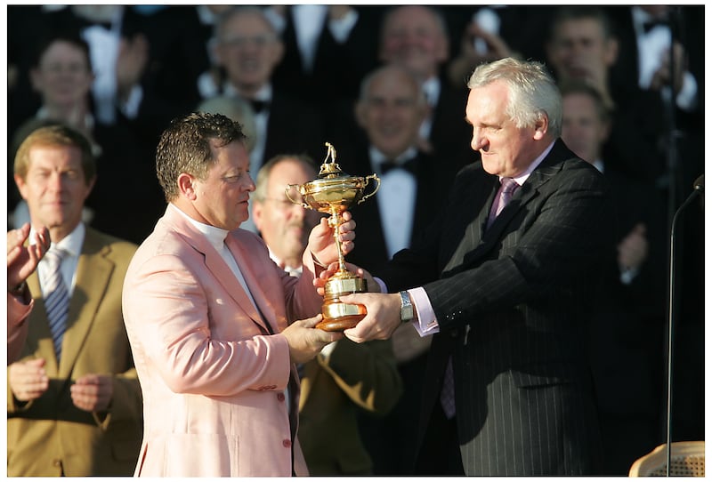Ian Woosnam receives the Ryder Cup from Bertie Ahern after guiding Europe to victory over the US. Photograph: Alan Betson