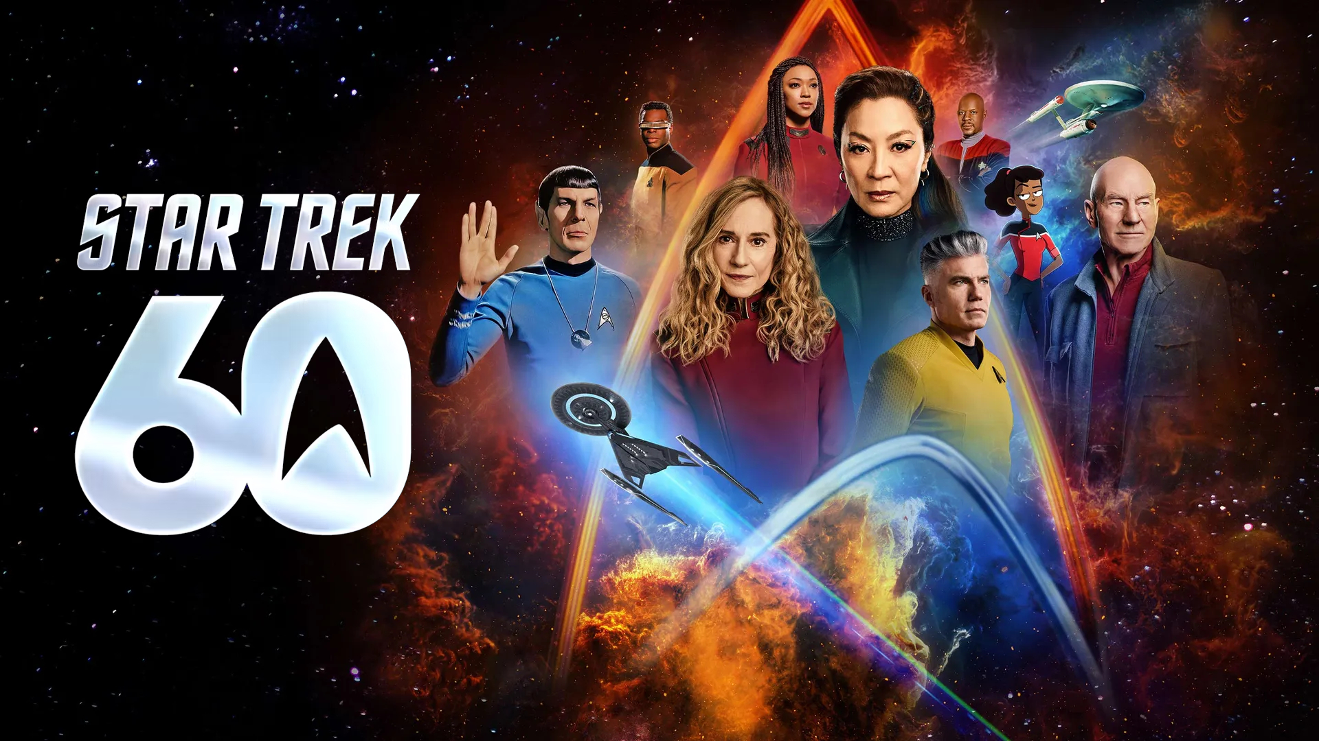 A collection of iconic star trek characters on a space background, with the Star Trek 60 logo shown on the left.