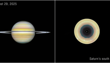 Astronomers examining recent Hubble Space Telescope images of Saturn have spotted a remarkable 10-sided wave pattern, or decagon, cutting through several layers of the gas giant's southern atmosphere. (Credit: NASA, ESA, STScI, Agustin Sánchez-Lavega (UPV), Amy Simon (NASA-GSFC), Michael Wong (UC Berkeley); Image Processing: Alyssa Pagan)