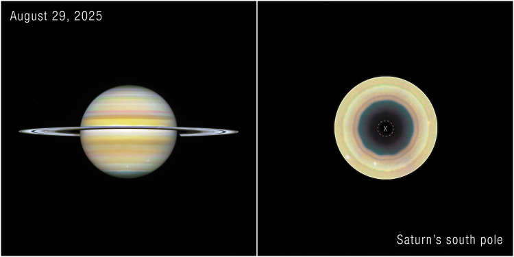 Astronomers examining recent Hubble Space Telescope images of Saturn have spotted a remarkable 10-sided wave pattern, or decagon, cutting through several layers of the gas giant's southern atmosphere. (Credit: NASA, ESA, STScI, Agustin Sánchez-Lavega (UPV), Amy Simon (NASA-GSFC), Michael Wong (UC Berkeley); Image Processing: Alyssa Pagan)