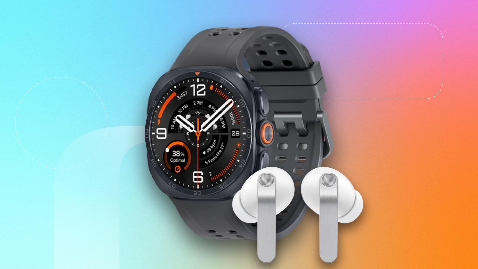 Samsung Galaxy Watch Ultra 2 in gray and white Galaxy Buds 4 Pro earbuds on a red and blue background