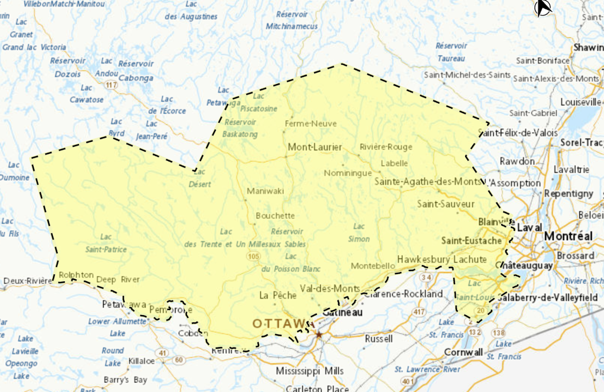 Map shows yellow weather alerts for the southwest part of Quebec.