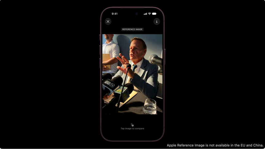 Screenshot from the Apple event showing a photo with a reference image