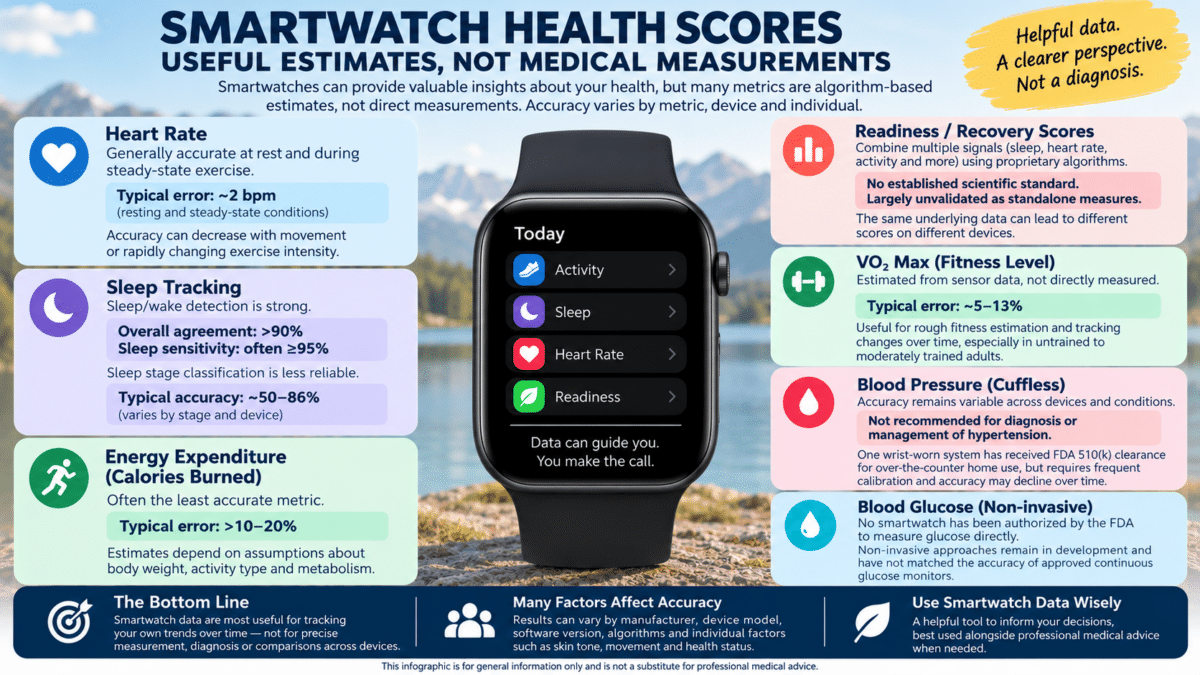 Infographic comparing the accuracy and limitations of smartwatch health metrics, including heart rate, sleep, calories, readiness, VO2 max, blood pressure, and glucose