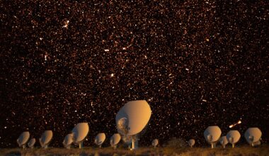 The MeerKAT array at night in South Africa, with bright radio sources represented in the night sky. Credit: SARAO