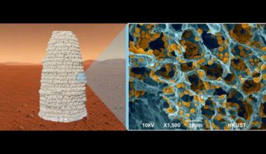 a visualization showing a possible yeast habitat that looks like a conical structure on Mars. On the right, a close up of the material's structure in a microscopic view.