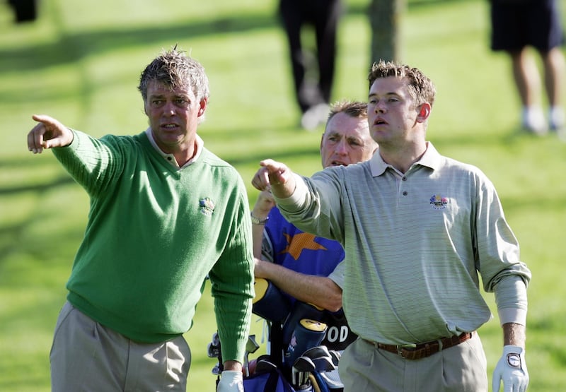 Darren Clarke and Lee Westwood line up a shot on day one of the 2006 Ryder Cup. Photograph: Morgan Treacy/INPHO