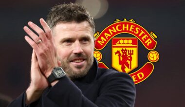 Manchester United manager Michael Carrick next to the Manchester United badge - copyright TEAMtalk