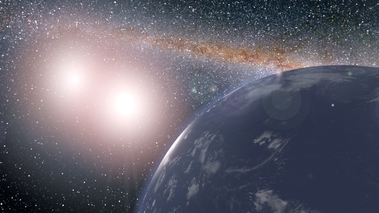 An artist's concept showing a planet orbiting a binary star system, just like Luke Skywalker's home planet of Tatooine. Credit: NASA/JPL-Caltech