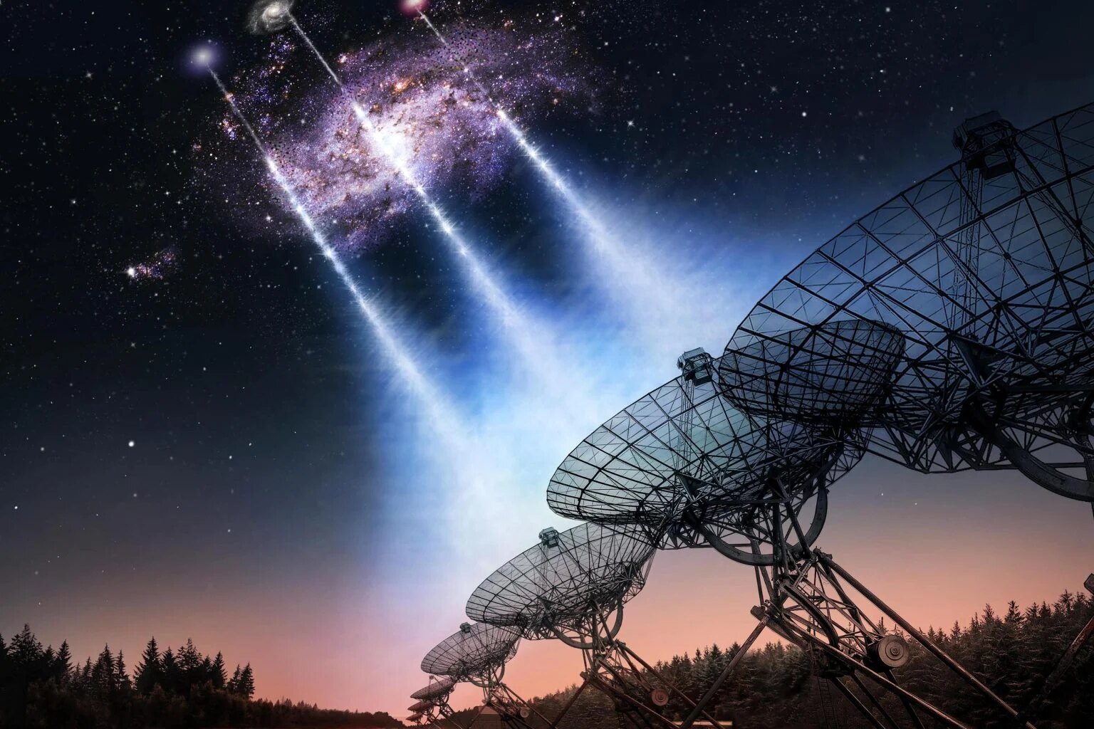 Artists' impressions of Fast Radio Bursts from the neighboring Triangulum Galaxy detected by the ground-based radio telescopes. Credit: ASTRON/Futselaar/van Leeuwen