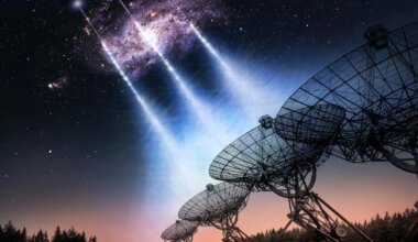 Artists' impressions of Fast Radio Bursts from the neighboring Triangulum Galaxy detected by the ground-based radio telescopes. Credit: ASTRON/Futselaar/van Leeuwen