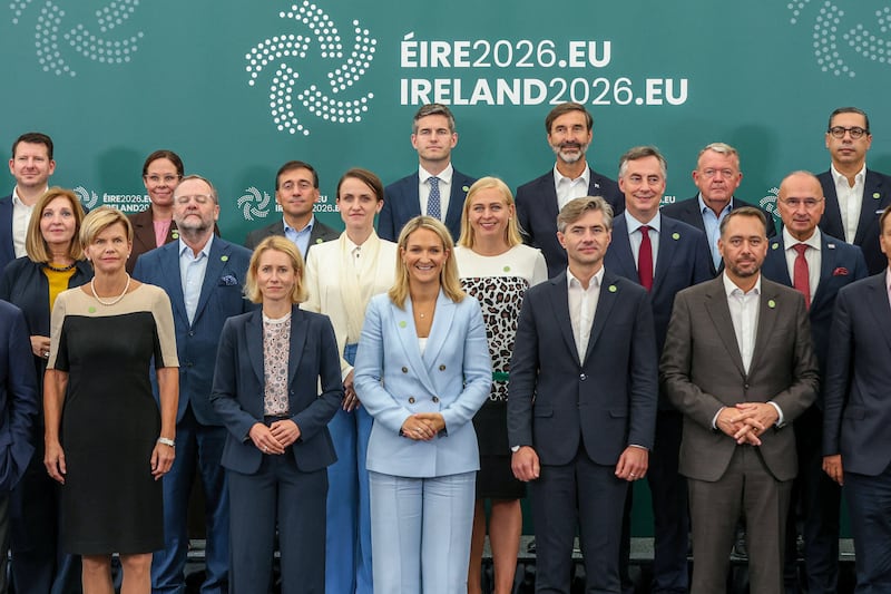 EU foreign  ministers including Minister for Foreign Affairs and Defence Helen McEntee (centre) and European Commission high representative and vice-president Kaja Kallas (second left, front row) during their informal meeting at Druids Glen in Wicklow, on September 2nd. Photograph: Paul Faith/AFP/Getty