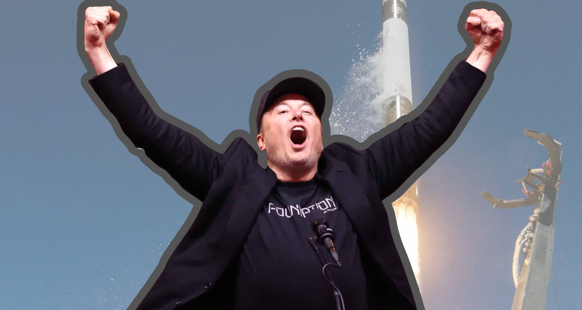 A triumphant Elon Musk, wearing a black baseball cap and a black t-shirt with 'FOUNDATION' written on it, stands with his arms raised high and mouth open in an excited expression. Behind him, a tall, slender white rocket is launching, emitting a bright orange flame and smoke from its base against a clear blue sky. A tall metal structure with robotic arms is visible to the right.