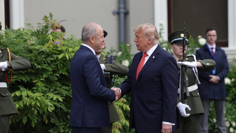 US president Donald Trump arrives at Farmleigh in Dublin and is greeted by Taoiseach Micheál Martin. Photograph: Enda O'Dowd