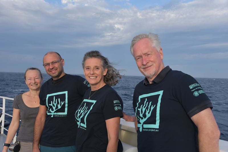 (From left) Dr Sophie Arnaud-Haond of the French Institute for Ocean Science (Ifremer), Prof Franck Lartaud of the Sorbonne University, Marie-Claire Fabri, Ifremer, and Dr Anthony Grehan, University of Galway. Photograph: Ifremer