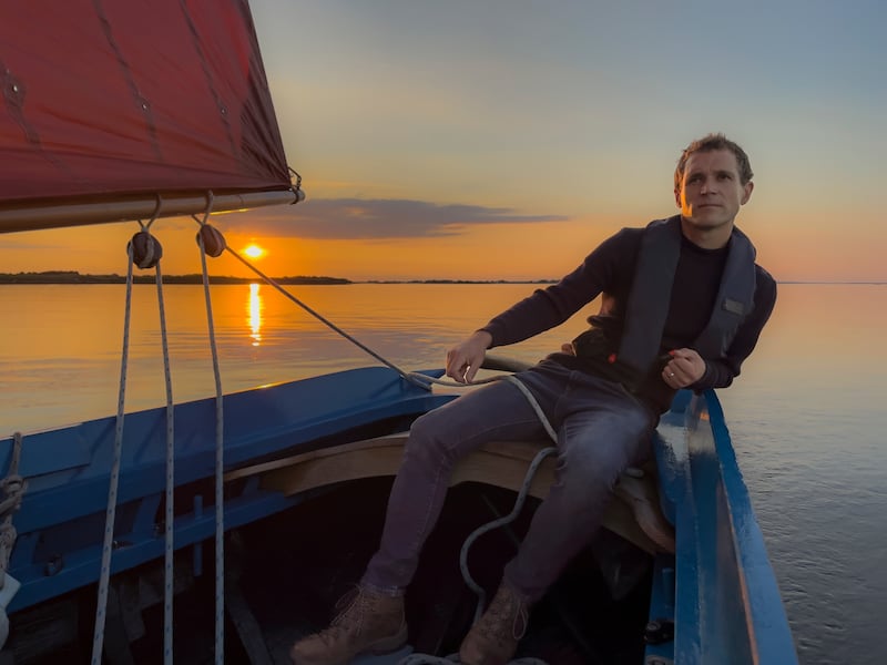 Presenter Eoin Warner steering his Galway hooker, Naomh Sineach, along the west coast for the documentary series Ireland's Wild Islands. Photograph: John Murray/RTÉ