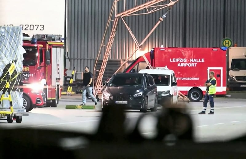 Emergency services, police and firefighers deployed at Leipzig-Halle airport in Schkeuditz, eastern Germany, last month after a drone loaded with explosives was spotted. Photograph:  NEWS5/AFP/Getty