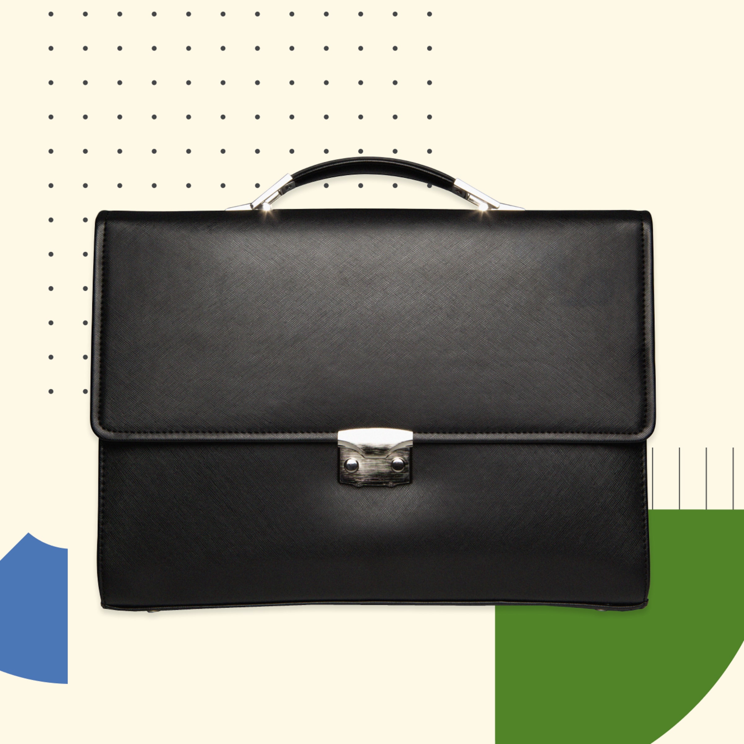 Collage illustration with donut chart, graph elements, and a briefcase at the center