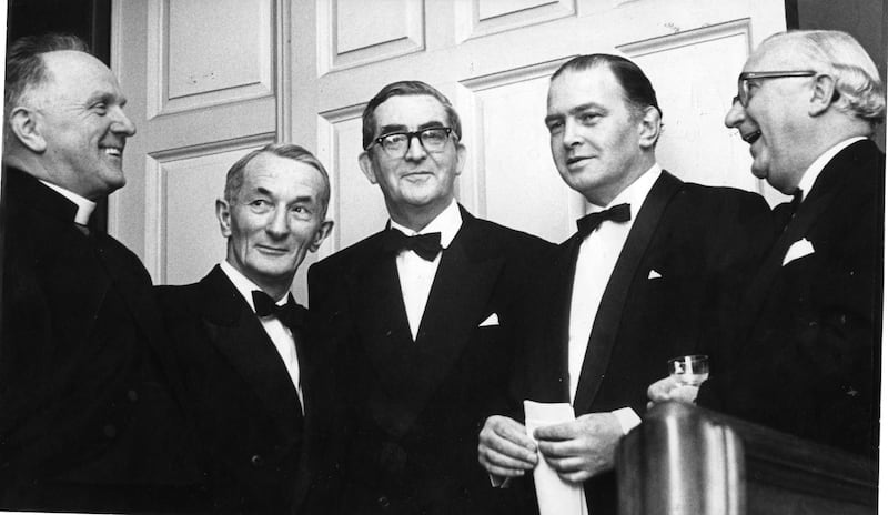 At the dinner of the Irish Federation of University Teachers in May 1967 at Trinity College, Dublin: St Patrick's College Maynooth president Gerard Mitchell, UCD president JJ Hogan, Irish Federation of University Teachers chair JJ Morrissey, minister for education Donogh O'Malley, and Trinity College Dublin provost AJ McConnell. Photograph: Dermot O'Shea/The Irish Times