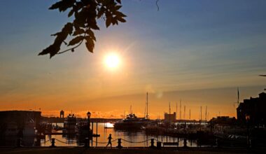 Morning sun at Christopher Columbus Waterfront Park in Boston.