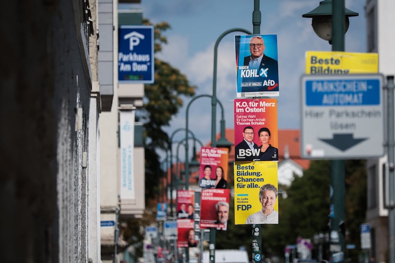 Election posters for political parties in Magdeburg, eastern Germany. Photograph: Ronny Hartmann/AFP/Getty Images