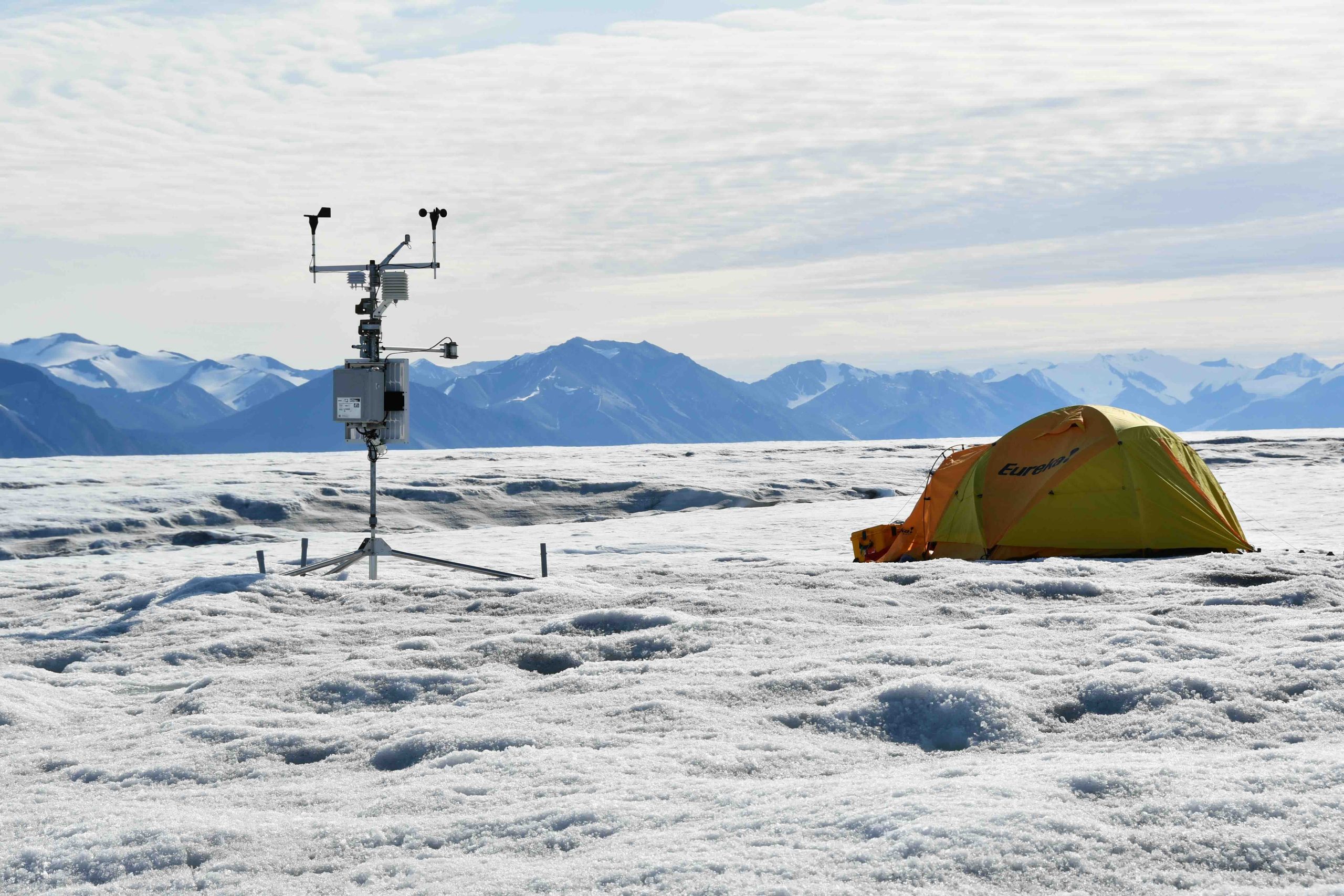 Weather station and and tent on the ice shelf