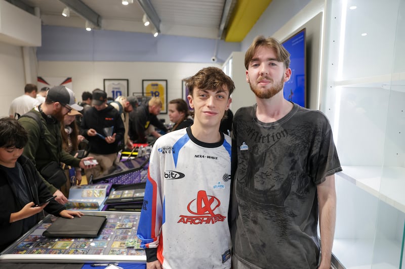 Daniel Ecock of Glitch Cards and his friend Christian Butner at the pop-up Pokémon trading show in Atlantic Collectibles. Photograph: Enda O'Dowd/The Irish Times